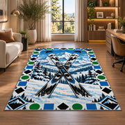 Trail difficulty symbols rug in a living room with a desk and large windows