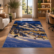 Night skiing resort rug in a living room with a desk and large windows