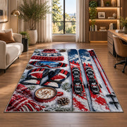 Ski gear flat lay rug in a living room with a desk and large windows