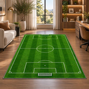 soccer field top view rug in a living room with a desk and large windows