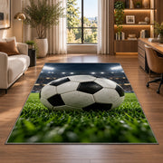 classic soccer ball under stadium lights rug in a living room with a desk and large windows