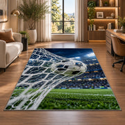 soccer ball hitting the net rug in a living room with a desk and large windows