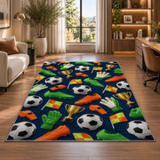 soccer gear pattern rug in a living room with a desk and large windows