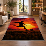 soccer player silhouette at sunset rug in a living room with a desk and large windows