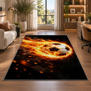 flaming soccer ball rug in a living room with a desk and large windows