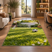 backyard soccer goal rug in a living room with a desk and large windows