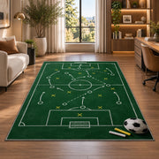 soccer tactics chalkboard rug in a living room with a desk and large windows