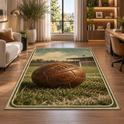 vintage leather soccer ball rug in a living room with a desk and large windows