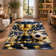 gold trophy and soccer ball rug in a living room with a desk and large windows