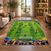 cartoon kids soccer match rug in a living room with a desk and large windows