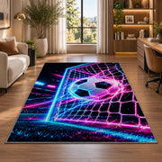 neon soccer ball and goal rug in a living room with a desk and large windows