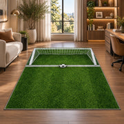 soccer goal top view rug in a living room with a desk and large windows