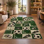 retro checkered soccer pattern rug in a living room with a desk and large windows