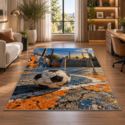 street soccer court rug in a living room with a desk and large windows