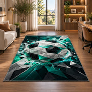 low poly geometric soccer ball rug in a living room with a desk and large windows