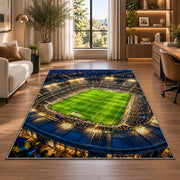 soccer stadium at night rug in a living room with a desk and large windows