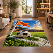 corner flag and soccer ball rug in a living room with a desk and large windows