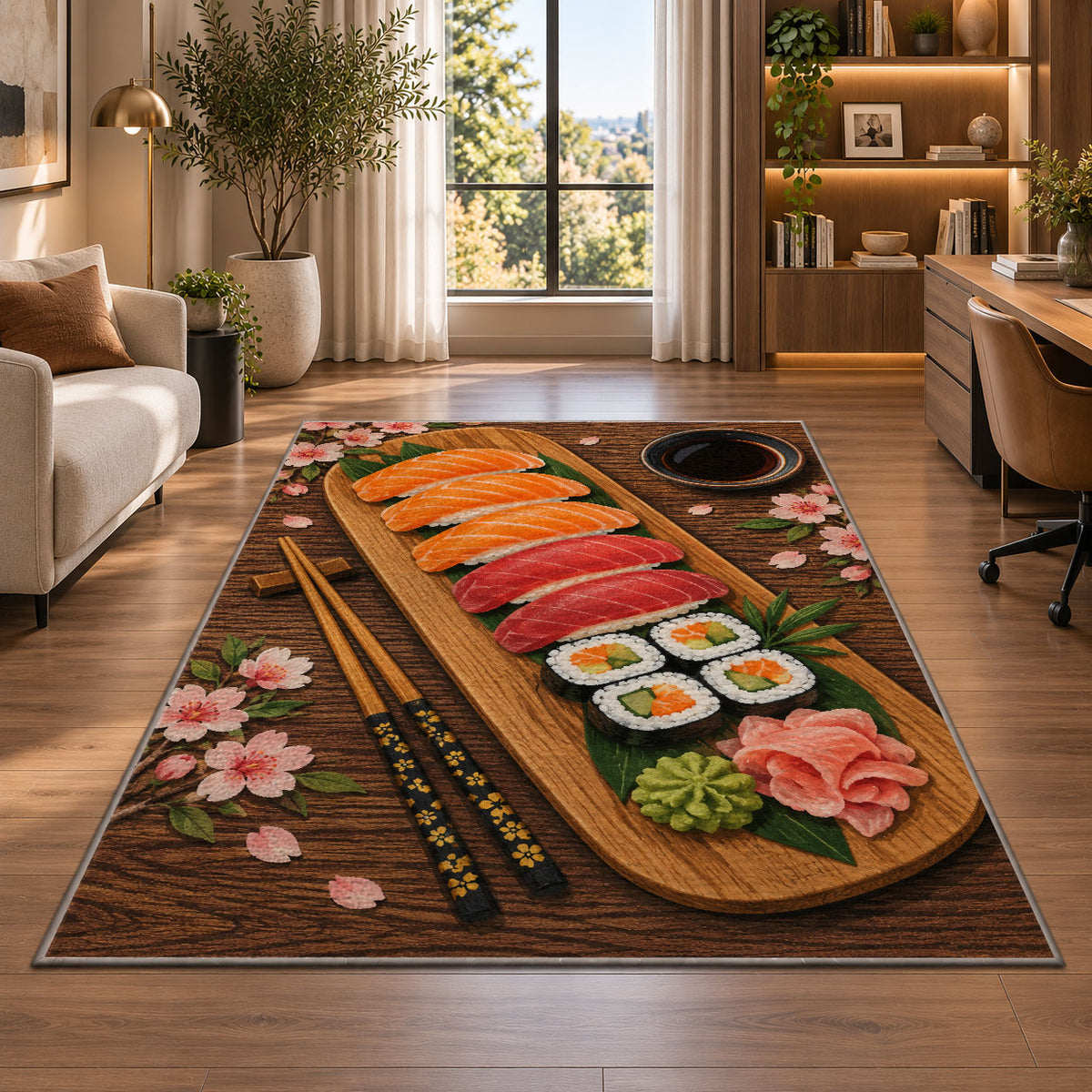 Sushi Platter Rug in a living room with a desk and large windows