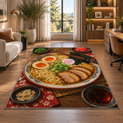 Ramen Bowl Rug in a living room with a desk and large windows