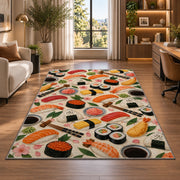 Sushi Pattern Rug in a living room with a desk and large windows