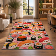 Kawaii Sushi Rug in a living room with a desk and large windows