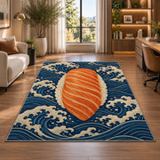 Salmon Nigiri Rug in a living room with a desk and large windows