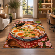 Cat Ramen Rug in a living room with a desk and large windows