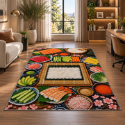Sushi Making Rug in a living room with a desk and large windows