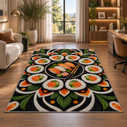 Sushi Mandala Rug in a living room with a desk and large windows