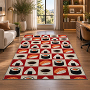 Checkered Sushi Rug in a living room with a desk and large windows