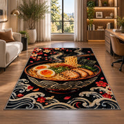 Ramen Bowl on Black Rug in a living room with a desk and large windows