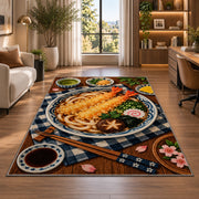 Tempura Udon Rug in a living room with a desk and large windows
