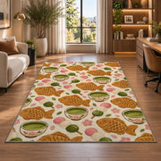 Taiyaki and Matcha Rug in a living room with a desk and large windows