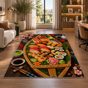 Sushi Boat Rug in a living room with a desk and large windows