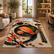 Minimalist Sushi Rug in a living room with a desk and large windows
