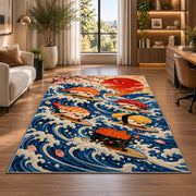 Surfing Sushi Rug in a living room with a desk and large windows