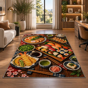 Japanese Feast Rug in a living room with a desk and large windows