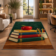Teacher Apple Rug in a living room with a desk and large windows