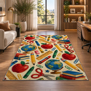School Supplies Pattern Rug in a living room with a desk and large windows