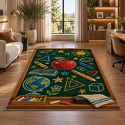 Chalkboard Doodle Rug in a living room with a desk and large windows