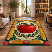 Pencil Frame Apple Rug in a living room with a desk and large windows