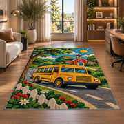 School Bus Rug in a living room with a desk and large windows