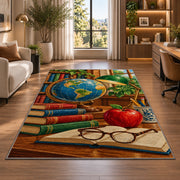 Vintage Globe Teacher Rug in a living room with a desk and large windows