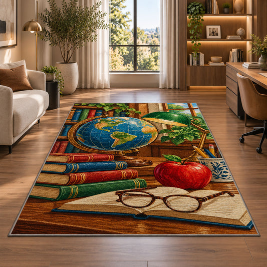 Vintage Globe Teacher Rug in a living room with a desk and large windows