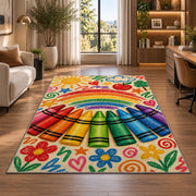 Crayon Rainbow Rug in a living room with a desk and large windows