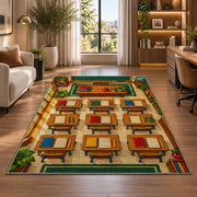 Classroom Desks Rug in a living room with a desk and large windows