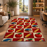 Apple Checkered Rug in a living room with a desk and large windows