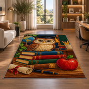 Wise Owl Teacher Rug in a living room with a desk and large windows