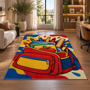 Backpack School Rug in a living room with a desk and large windows