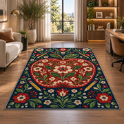 Folk Art Apple Rug in a living room with a desk and large windows